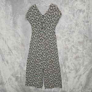 Young Hawaii Jumpsuit Womens L Petite Black Floral Rayon Vintage 90s Made in USA